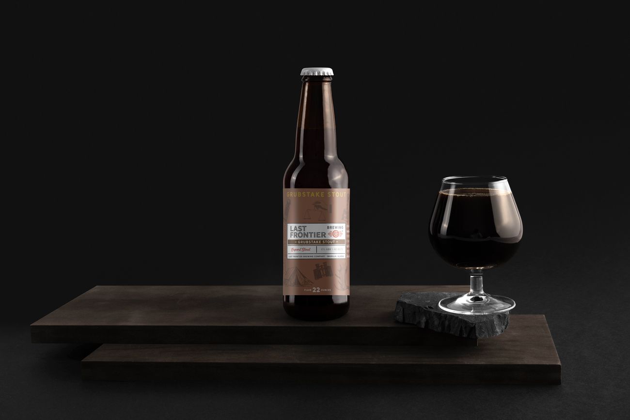 Grubstake Stout bottle with glass
