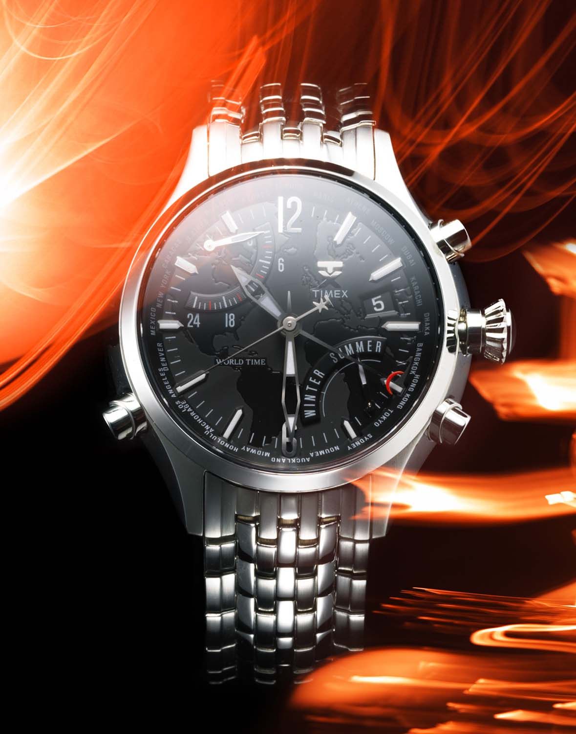 Timex chronograph with orange light burst